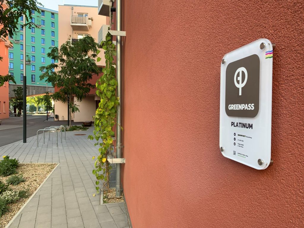 greenpass certificate on the wall at Biotope City Wienerberg